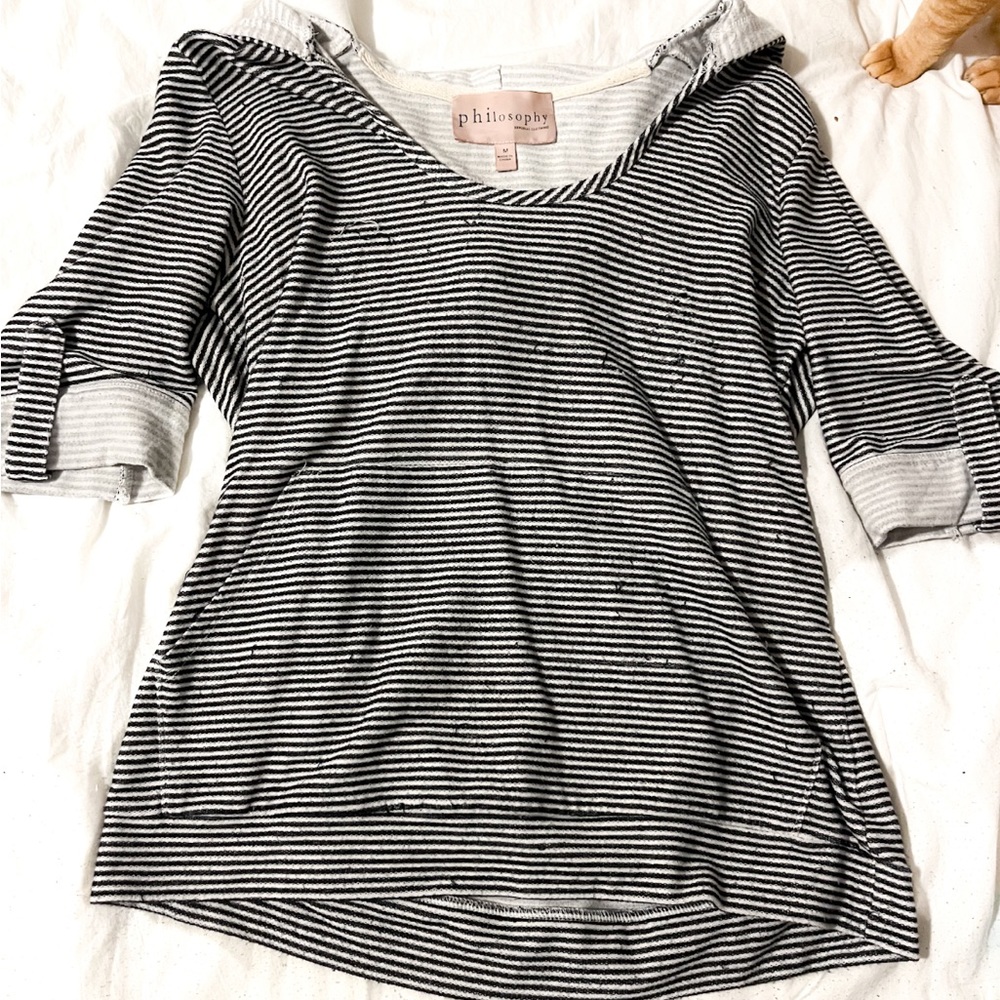 Philosophy black and white striped knit shirt sleeve hooded sweatshirt